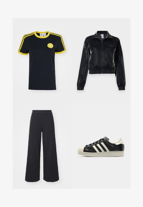 Juodas blizgus zip-up sportinis švarkas su elastinėmis rankovėmis ir apatine dalimi, su subtiliais trimis juostomis ant rankovių ir toniniu logotipu krūtinėje.; Juodas medvilninis marškinėlis su geltonu apykakle ir rankovių juostelėmis, ant krūtinės puikuojasi geltonas besišypsantis veidas. Klasikinis kirpimas, trumpomis rankovėmis.; Juoda plačių kojų sportinė kelnė, pagaminta iš minkštos medžiagos, su elastinga juosmens juosta ir mažu logotipu kairėje pusėje.; Juodi odiniai sportiniai bateliai su baltais dryžiais, guminis toe kapas, juodi raišteliai ir kreminis padas. Lygus pavirčius su blizgiu finišu.