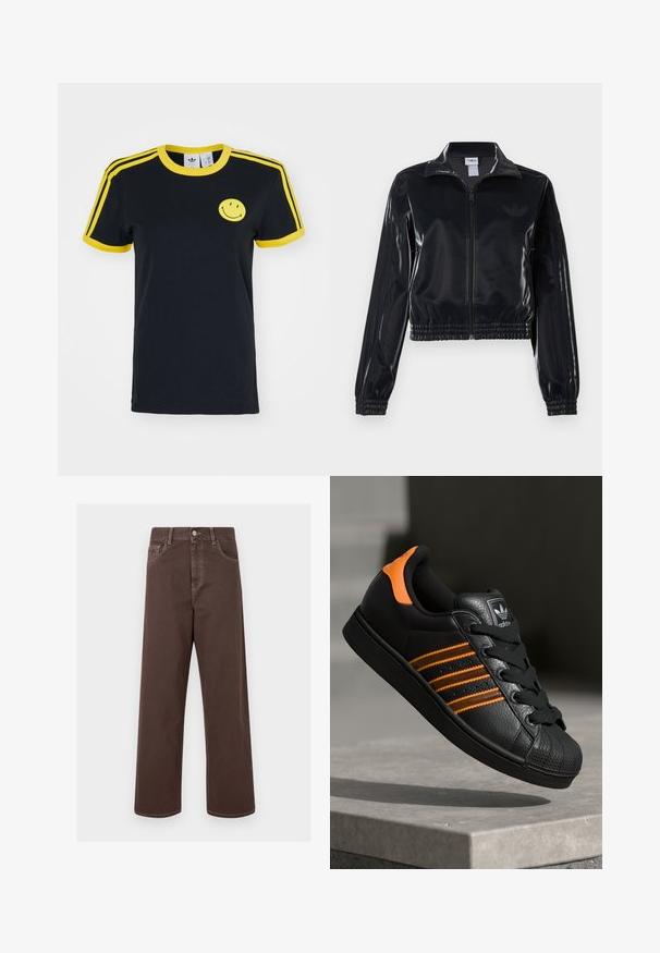 Juodas blizgus zip-up sportinis švarkas su elastinėmis rankovėmis ir apatine dalimi, su subtiliais trimis juostomis ant rankovių ir toniniu logotipu krūtinėje.; Juodas medvilninis marškinėlis su geltonu apykakle ir rankovių juostelėmis, ant krūtinės puikuojasi geltonas besišypsantis veidas. Klasikinis kirpimas, trumpomis rankovėmis.; Rudos plačios kojų džinsai su kontrastingomis siūlėmis, penkiais kišenėmis ir metaliniu mygtuko uždarymu. Lygus paviršius, tiesus kirpimas.; Juodas sportinis batelis su oranžiniais akcentais, trimis horizontaliomis juostelėmis, tekstūruota odinė viršutinė dalis, guminiu nosių dangteliu ir juodomis raišteliais.