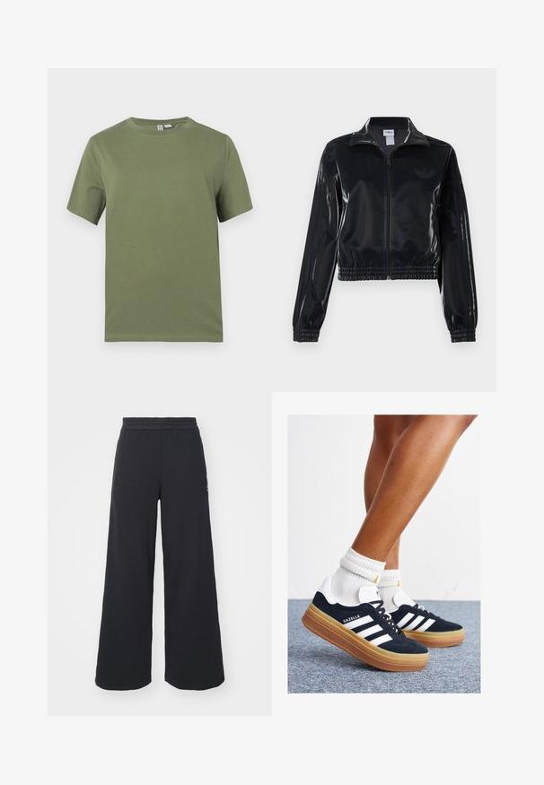 Juodas blizgus zip-up sportinis švarkas su elastinėmis rankovėmis ir apatine dalimi, su subtiliais trimis juostomis ant rankovių ir toniniu logotipu krūtinėje.; Olive spalvos medvilnės marškinėliai trumpomis rankovėmis, su apvalia iškirpte ir lygiu paviršiumi. Paprastas dizainas, be matomų raštų ar metalinių detalių.; Juoda plačių kojų sportinė kelnė, pagaminta iš minkštos medžiagos, su elastinga juosmens juosta ir mažu logotipu kairėje pusėje.; Juodi zomšiniai sportbačiai su baltais dryžiais ir akcentais, apvalios nosies, guminio, gumos pado, derinami su baltais raitytais vidutinio ilgio kojinaitėmis.