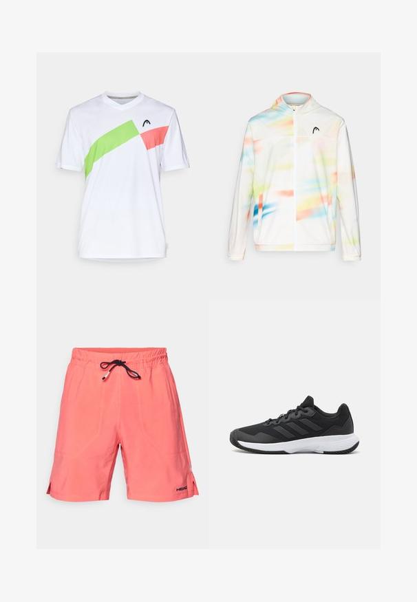 Giacca a vento con cappuccio di colore bianco, caratterizzata da un motivo astratto colorato con sfumature di blu, verde, rosa e arancione, e con zip frontale.; Maglietta sportiva bianca con scollatura a V, con accenti diagonali in verde e rosa. Realizzata in tessuto leggero e traspirante.; Pantaloni da bagno corallo realizzati in tessuto leggero, con vita elasticizzata e cordino esterno nero, caratterizzati da fessure laterali e dettaglio del logo.; Scarpa da ginnastica nera con parte superiore texturizzata, tre strisce orizzontali e una suola bianca con battistrada a motivo. Design leggero e aerodinamico.
