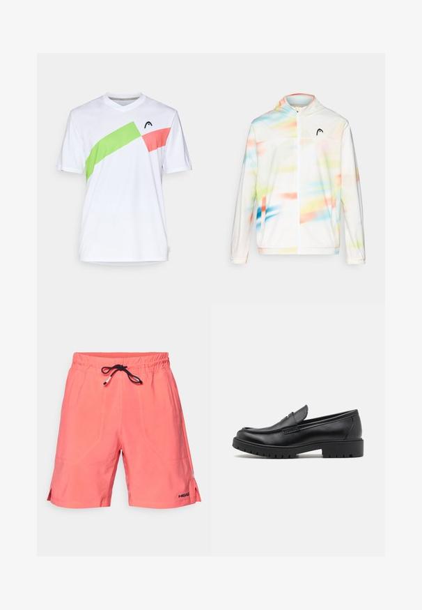 Jachetă de vânt cu glugă, de culoare albă, cu un model abstract colorat în nuanțe de albastru, verde, roz și portocaliu, și cu fermoar în față.; Tricou sportiv alb cu decolteu în V, având accente diagonale în verde și roz. Fabricat dintr-un material ușor și respirabil.; Șorturi de baie corai, fabricate dintr-un material ușor, cu un tiv elastic la brâu și un șnur negru exterior, având fante laterale și detalii cu logo.; Mocasini din piele neagră cu vârf rotund, design slip-on și talpă groasă din cauciuc cu un grip texturat. Toc înălțat și detalii subtile de cusătură.