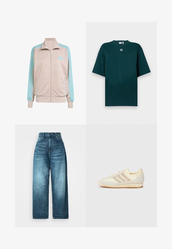 Heledadbeži vetjakk, millel on türkiissinised triibud varrukatel, soonikkoes mansetid ja krae; vasakus rinnas on embleem.; Tumeheline, liibuvast vabam puuvillane T-särk lühikeste varrukate ja ümaraga, mille rinnal on valge Adidas logo.; Keskvärvi denimist kõrge taljega laiad teksad, mis on varustatud kulunud viimistluse, traditsiooniliste taskute disaini ja nööpkinni panemisega.; Kreem värvi spordijalats, millel on kolm beeži triipu, sametist ja tekstiilist materjalid, tekstureeritud tallaosa ning reljeefne bränding kandadel.