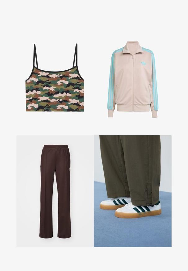 Šviesiai smėlinis užtrauktuku užsegamas džemperis su turkio spalvos juostomis palei rankoves, gumburuotais rankogaliais ir apykakle; kairėje krūtinės pusėje turi siuvinėtą logotipą.; Karaokas trumpas topas su žaliomis, rudos ir rožinės spalvų raštais. Pagamintas iš minkštos medžiagos, su plonomis reguliuojamomis petnešomis ir juodu apvadu.; Rudos sportiniai keliai su elastinga juosta, dviem šoninėmis kišenėmis ir maža logo kairėje pusėje, pagaminti iš minkštos medžiagos.; Balti sportiniai bateliai su žaliais dryžiais, guminiai padukai, derinami su alyvuogių žalios spalvos, siaurėjančiomis kelnėmis su kulkšnies raišteliais.