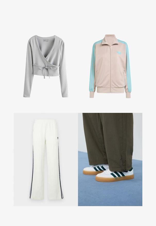 Light beige zip-up jacket with turquoise stripes along sleeves, ribbed cuffs, and collar; features embroidered logo on left chest.; Gray cropped long-sleeve top with a deep V-neck, wrap design, and a tie detail at the waist. Soft material with a smooth texture.; Light cream, cable-knit pants with a flared design. Features dark blue side stripes and an Adidas logo on the hip. Elastic waistband.; White sneakers with green stripes, gum rubber soles, paired with olive green, tapered pants featuring ankle toggles.