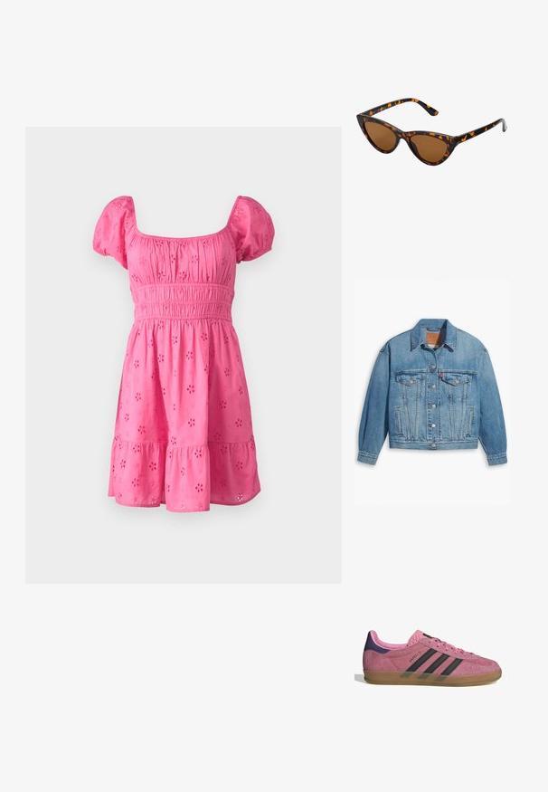 Svijetloplavi traper jakna s klasičnim dizajnom, dugmadi sprijeda i dva džepa na prsima. Ima oštar ovratnik i malo prevelike rukave.; Roza bombažna obleka z nabranimi rokavi, kvadratnim izrezom, elastičnim pasom in večplastno krilo z rožnatim očesnim detajlom.; Roza semišna tenisača z črnimi stripe, gumijastim podplatom in teksturiranim vijoličastim petnim delom. Ima vezalni dizajn in embosirano blagovno znamko na strani.; Mačje oči sončna očala z okvirom v črno-oranžni želvej ohišji, rjavimi lečami in elegantnimi, ostrimi konicami. Imajo minimalistični logo na ročaju.