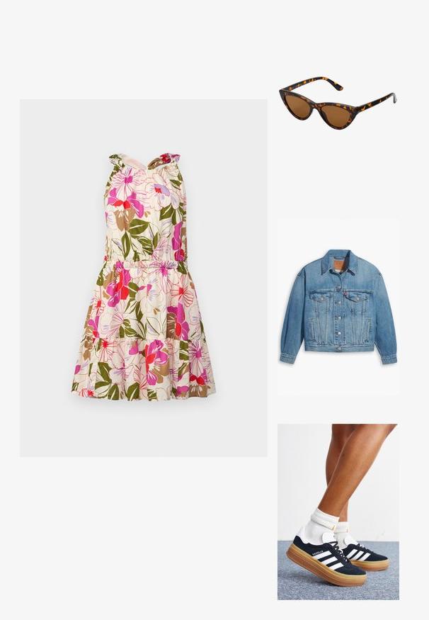 Veste en denim bleu clair au design classique, fermeture à boutons à l'avant et deux poches poitrine. Dotée d'un col pointu et de manches légèrement oversize.; Robe en coton à fleurs avec des motifs roses, rouges et verts. Présente un corsage ajusté, une taille élastique et une jupe à volants.; Baskets en daim noir avec des rayures et des accents blancs, bout arrondi, semelle extérieure en caoutchouc gomme, associées à des chaussettes blanches côtelées mi-mollet.; Lunettes de soleil style œil de chat avec une monture en écaille de tortue noire et orange, verres marron et pointes effilées et élégantes. Présente un logo minimaliste sur la branche.