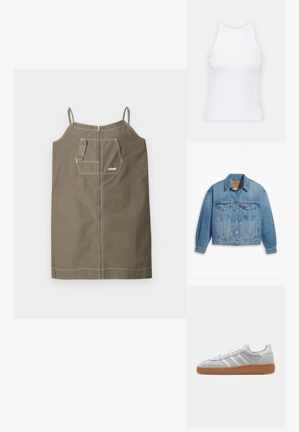 Svijetloplavi traper jakna s klasičnim dizajnom, dugmadi sprijeda i dva džepa na prsima. Ima oštar ovratnik i malo prevelike rukave.; Olive zeleno brezrokavno obleko iz bombaža z zadrgo. Ima en žep na prsih, kontrastno šivanje in nastavljive naramnice.; Bela brezrokavna majica iz rebraste tkanine, z zaobljenim izrezom in prilegajočim silhueto, z minimalnimi šivi in brez okraskov.; Svjetlo sivi suedesni sportski cipeli s bijelim kožnim naglascima, tri bijele pruge i smeđi gumeni potplat, s podstavljenim ovratnikom za udobnost.