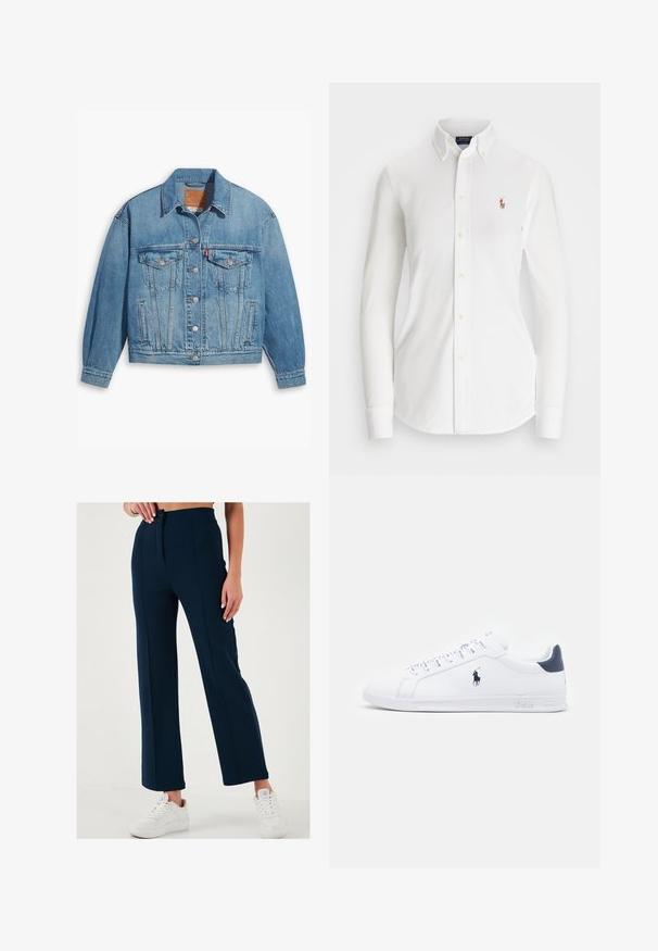 Vaaleansininen farkkutakki, jossa on klassinen muotoilu, napit edessä ja kaksi rintataskua. Ominaisuuksiin kuuluu terävä kaulus ja hieman ylipitkät hihat.; Valkoinen pitkähihainen nappipaita, jossa on terävä kaulus, valmistettu puuvillasta. Vasemmassa rintamuksessa on pieni brodeerattu logo.; Siniset, leveälahkeiset housut, joissa on sileä pinta, etupuolen nappikiinnitys ja kaksi sivutaskua. Yhdistetty valkoisiin lenkkareihin.; Valkoiset nahkakengät, joissa on sileä pinta, tummansinisiä yksityiskohtia ja pieni logo sivulla. Varustettu litteillä nauhoilla ja teksturoidulla kumipohjalla.