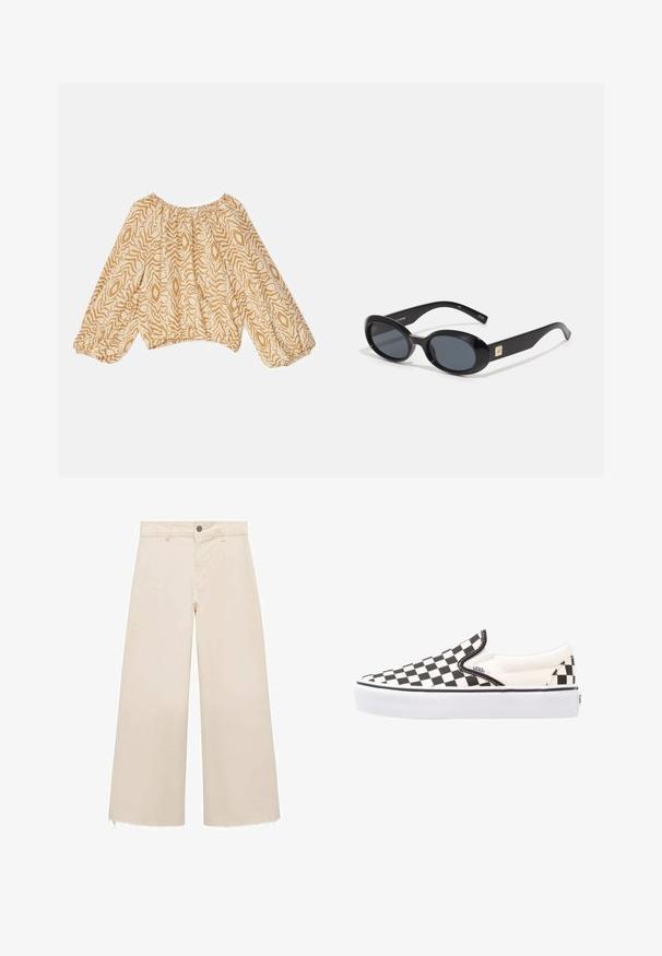 Giubbotto in denim azzurro chiaro con design classico, apertura con bottoni e due tasche sul petto. Presenta un colletto a punta e maniche leggermente oversize.; Blusa leggera beige con un motivo astratto a onde in tonalità più scure. Presenta un colletto arricciato e maniche soffici elasticizzate.; Pantaloni a gamba larga in cotone beige chiaro, con chiusura a bottone, orlo leggermente sfrangiato e design a vestibilità ampia.; Scarpe Vans slip-on a scacchi bianchi e neri con tomaia in canvas, suola in gomma e colletto imbottito. Punta piatta e rotonda con dettagli bianchi sulla suola.; Occhiali da sole ovali neri con lenti scure, montatura in plastica lucida, aste larghe e un piccolo accent in oro su un lato.