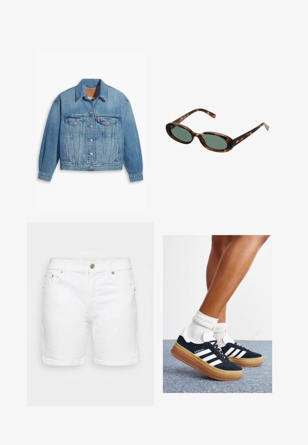 Svijetloplavi traper jakna s klasičnim dizajnom, dugmadi sprijeda i dva džepa na prsima. Ima oštar ovratnik i malo prevelike rukave.; Črna brezšivna braletka z tankimi nastavljivimi naramnicami, v-izrezom in prilegajočim dizajnom. Nežen, elastičen material brez vidnih kovinskih delov.; Belo bombažnimi kratkimi hlačami iz belega jeansa, ki se ponašajo s klasičnim dizajnom s petimi žepi, zlatimi detajli in ravnim krojem z urejenim robom.; Črni antilop superge z belimi črtami in poudarki, okrogel prst, gumijasti podplat, kombinirane z belimi rebrastimi nogavicami.; Žirafne sončna očala z ovalnimi okvirji in zelenimi lečami. Imajo tanke ročice z metalnim poudarkom blizu tečajev.