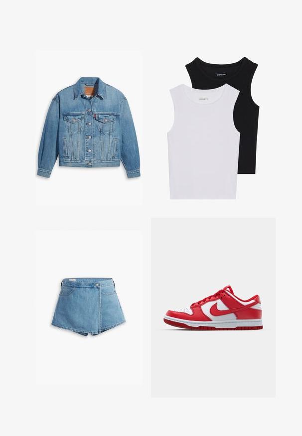 Világoskék farmerdzseki klasszikus dizájnnal, gombos elülső részel és két mellzsebbel. Felszereltsége között szerepel egy hegyes gallér és enyhén túlméretezett ujjak.; Két ujjatlan felső fekete és fehér színben, bordás pamutból készült, kerek nyakkivágással és testhez simuló fazonnal. Mindkettőn látható címke.; Világoskék farmer rövidnadrág, csavart kialakítással, elülső zsebekkel és fémből készült gombos záródással. Sima textúra, varrott szélekkel.; Piros és fehér Nike sportcipő, bőr felsőrésszel, perforált orral, lapos fűzőkkel és mintázott talppal ellátott gumi talppal.