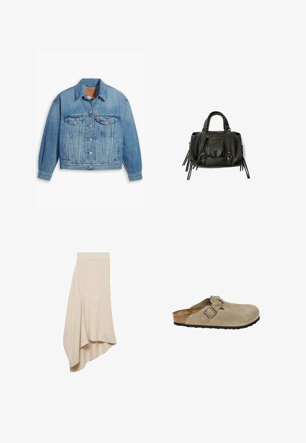 Lys blå denimjakke med klassisk design, knapfront og to brystlommer. Har spidse kraver og let overdimensionerede ærmer.; Hvid bomulds tanktop med ribbet tekstur, ærmeløst design og rund halsudskæring. Har et mærke ved halsen med teksten "WEEKDAY."; Mango Maxinederdele - off-white; Beige ruskindsklipklapper med rund tå, justerbar rem og spænde, kork-mellemsål og tekstureret sort gummisål for godt greb.; Sort læderhåndtaske med flettede håndtag, lynlåslomme og hængende frynser. Tekstureret overflade med metalnitter og hardware-accenter.