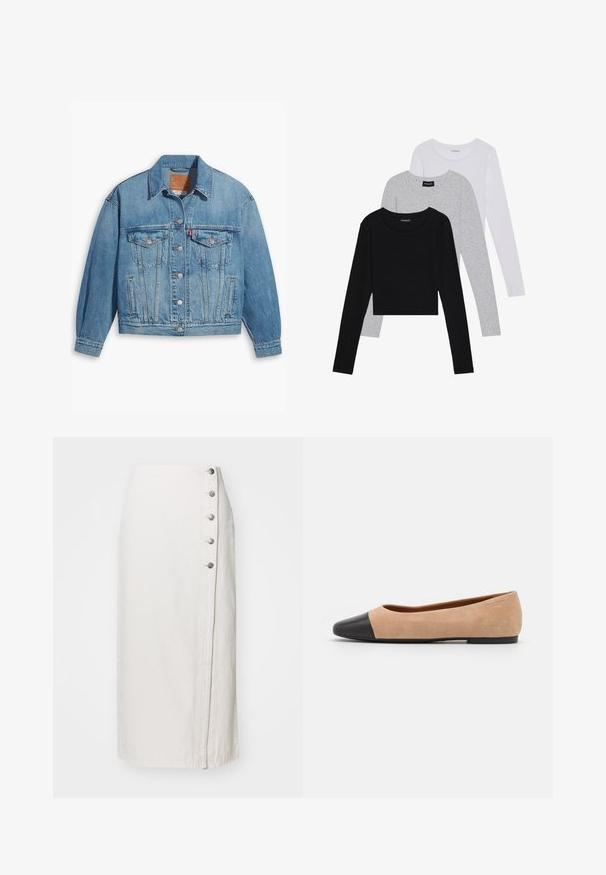 Light blue denim jacket with a classic design, button front, and two chest pockets. Features a pointed collar and slightly oversized sleeves.; Three long-sleeve tops stacked: black, grey, and white. Each has a round neckline and a cropped design with smooth, lightweight fabric.; White denim midi skirt with a side button closure featuring five metallic buttons and a straight silhouette. Smooth texture, casual design.; Beige suede ballet flat with a black leather rounded toe cap, low heel, and smooth texture, featuring minimal stitching and a clean design.