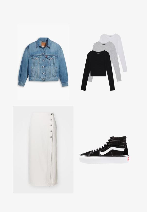 Svijetloplava traper jakna klasičnog dizajna, s gumbima sprijeda i dva džepa na prsima. Ima oštri ovratnik i malo oversize rukave.; Tri dugih rukava posložena: crna, siva i bijela. Svaka ima okrugli izrez i skrateni kroj s glatkom, laganom tkaninom.; Bijela traper midi suknja sa bočnim zatvaranjem na dugmadi koja sadrži pet metalnih dugmadi i ravni kroj. Glatka tekstura, ležeran dizajn.; Crne visoke tenisice s bijelim vezicama, bijelim logotipom i kontrastnim bijelim šavovima. Imaju debeli bijeli potplat i teksturiranu nubuk gornjište.