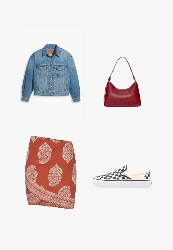 Jachetă din denim albastru deschis cu un design clasic, cu închidere cu butoane și două buzunare pe piept. Prezintă un guler ascuțit și mâneci ușor supradimensionate.; Trei bluze cu mânecă lungă așezate: neagră, gri și albă. Fiecare are un guler rotund și un design scurt, realizat dintr-un material fin și ușor.; Fustă de culoare ruginiu cu modele paisley și florale albe. Prezintă un tiv diagonal și un design complex de bordură pe marginea de jos.; Adidași slip-on Vans în carouri alb-negru, cu un exterior din pânză, talpă din cauciuc și guler căptușit. Vârf plat, rotund, cu accente albe pe talpă.; Geantă de umăr din piele roșie, cu un design curbat, textură netedă și închidere cu fermoar. Dispune de un mâner subțire pentru transport.