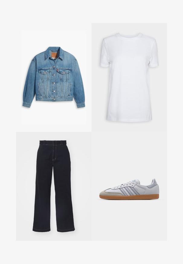 Light blue denim jacket with a classic design, button front, and two chest pockets. Features a pointed collar and slightly oversized sleeves.; White short-sleeve t-shirt made of cotton. Crew neck design with a smooth texture and no visible patterns or accents. Basic style.; Dark blue wide-leg pants made of cotton with a high waist, featuring contrasting white stitching and a clean, simple design.; White leather sneakers with light blue accents, grey suede toe, and a brown rubber sole. Features three blue stripes and "Samba" branding.