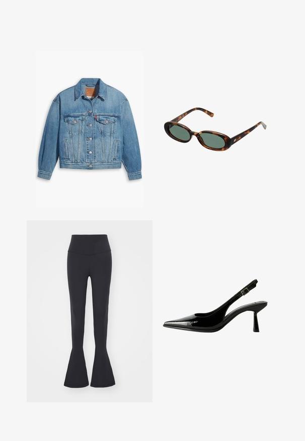 Vaaleansininen farkkutakki, jossa on klassinen muotoilu, napit edessä ja kaksi rintataskua. Ominaisuuksiin kuuluu terävä kaulus ja hieman ylipitkät hihat.; Kolme pitkähihaista paitaa vaaleansinisena, mustana ja valkoisena. Mallissa on pyöreä pääntie ja pehmeä, kevyt kangas.; Mustat räätälöidyt leggingsit, joissa on korkea vyötärö ja joustava materiaali. Pehmeä pinta, tiukka muotoilu ja levenevä helma.; Musta lakattu nahkasaapas, jossa on teräväkärkinen malli, leikattuja sivuja, säädettävä nilkkain ja ohut, virtaviivainen korko.; Kilpikonnakuosisuntit, joissa on soikeat kehykset ja vihreät linssit. Ominaisuuksiin kuuluu ohuet varret, joissa on metallinen korostus saranan lähellä.; Kangaskassi beige-värissä ruskeilla kuvioiduilla yksityiskohdilla. Ominaisuuksiin kuuluu kaareva muoto, yksi kantohihna ja edessä oleva logo-plaatti hopeisilla yksityiskohdilla.