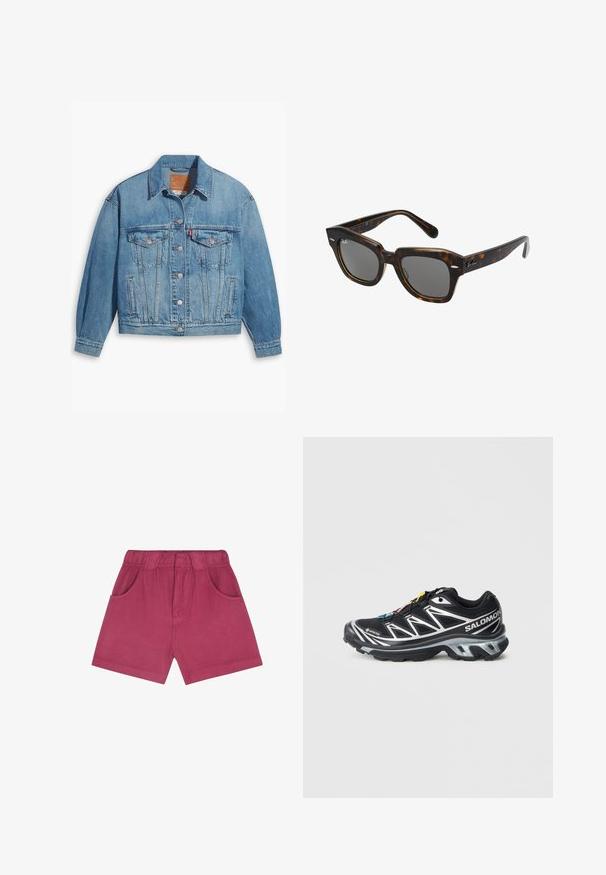 Light blue denim jacket with a classic design, button front, and two chest pockets. Features a pointed collar and slightly oversized sleeves.; Long-sleeve white crew neck T-shirt with a "WEEKDAY" label on the inside collar, laid flat on a light gray background.; Fuchsia-colored shorts made of soft fabric, featuring an elastic waistband, two side pockets, and a straight cut at mid-thigh length.; Black running shoe with silver accents, GORE-TEX material, textured sole, and colorful laces. Features a cushioned heel for support.; Rectangular sunglasses with tortoiseshell plastic frame, dark lenses, and silver accents on the sides. Made in Italy.