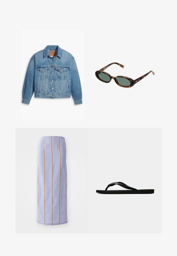 Giubbotto in denim azzurro chiaro con design classico, apertura con bottoni e due tasche sul petto. Presenta un colletto a punta e maniche leggermente oversize.; Blusa bianca a maniche corte con colletto, caratterizzata da un dettaglio a nodo attorcigliato sul davanti e una chiusura con bottoni. Tessuto a coste liscio.; Gonna midi viola chiaro con strisce verticali arancioni e bianche. Tessuto liscio con una vestibilità strutturata e orlo dritto.; Infradito in gomma nera con cinturino testurizzato e suola piatta semplice, mostrati di lato su uno sfondo chiaro e uniforme.; Occhiali da sole tartarugati con montatura ovale e lenti verdi. Presentano aste sottili con un accento metallico vicino alle cerniere.; Borsa in paglia con un ampio design a forma di ventaglio, manici in pelle nera e decorazioni floreali nere su un lato.