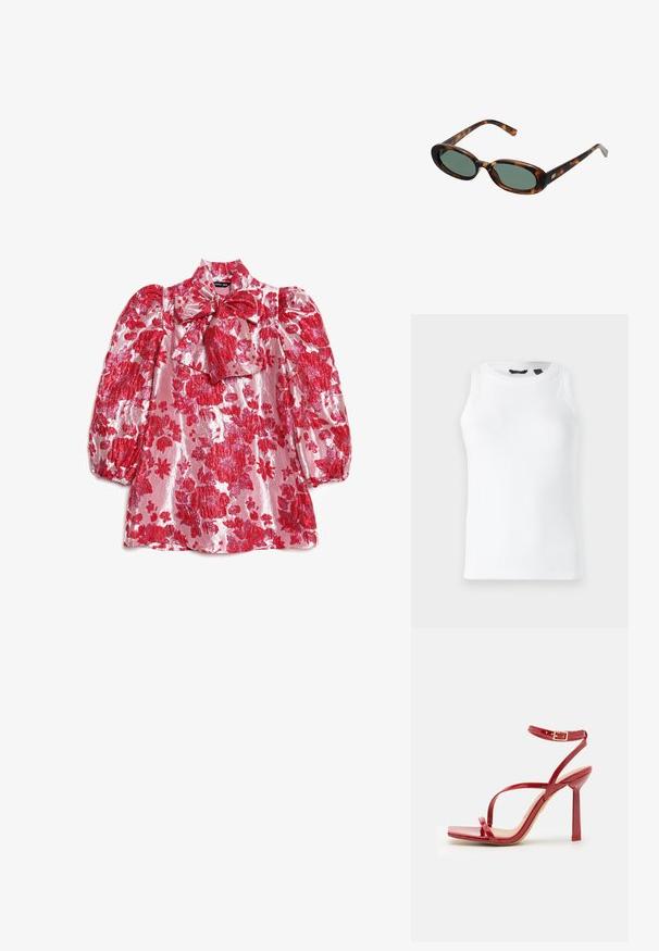 Light blue denim jacket with a classic design, button front, and two chest pockets. Features a pointed collar and slightly oversized sleeves.; White, ribbed tank top with a round neckline and sleeveless design. Smooth texture and no visible embellishments or hardware.; Red floral blouse with puff sleeves, high neck, and bow detail. Made of shiny fabric with a pattern of large flowers on a pink background.; ALDO SCINTILLA - High heeled sandals - red; Tortoiseshell sunglasses with oval frames and green lenses. Features thin arms with a metallic accent near the hinges.; Red leather shoulder bag with a smooth texture, curved design, and a decorative buckle accent. Adjustable strap and zip closure.