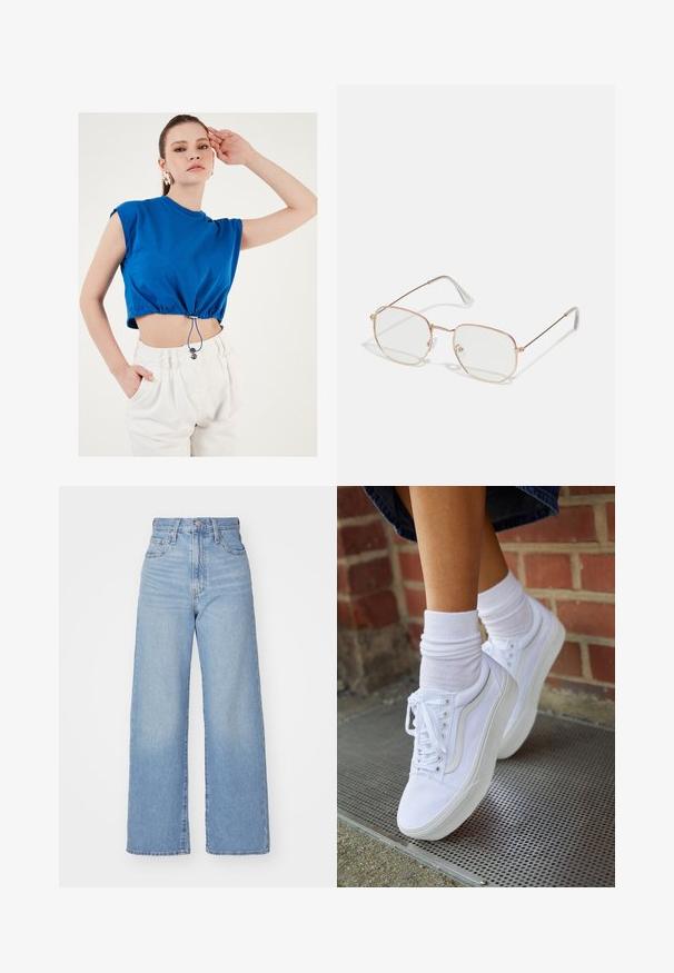 Light blue denim jacket with a classic design, button front, and two chest pockets. Features a pointed collar and slightly oversized sleeves.; Blue cropped top with short sleeves, gathered hem featuring a drawstring and metal toggle, paired with high-waisted white trousers.; Light blue high-waist wide-leg jeans with front button and zip closure, front and back pockets, on a white background.; White canvas sneakers with rubber soles, featuring six eyelets, round toe, and light stitching details, paired with white ankle socks.; Rectangular eyeglasses with a thin, rose gold metal frame. Clear lenses, transparent temple tips, and delicate detailing around the lenses.