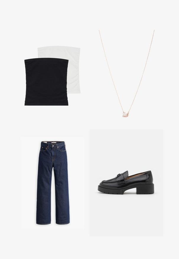 Svijetloplava traper jakna klasičnog dizajna, s gumbima sprijeda i dva džepa na prsima. Ima oštri ovratnik i malo oversize rukave.; Dva rastezljiva topa bez rukava, jedan u crnoj, a drugi u bijeloj boji, od mekog, glatkog materijala s naboranom teksturom sa strane.; Tamno plave traperice ravnog kroja s pet džepova, narančastom šavom i zatvaranjem na gumb.; Crne kožne loaferice s niskim blok potpeticama, zaobljenim vrhom, dekorativnim remenom i teksturiranim detaljima šivanja na gornjem dijelu. Glatka površina.; Ogrlica u ružičastom zlatu s privjeskom labuda, ukrašena prozirnim kristalima. Lanac ima delikatan uzorak karika.