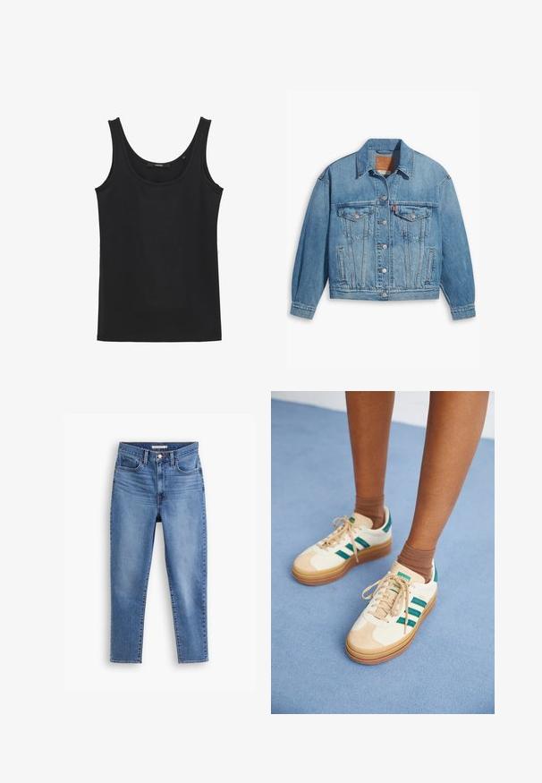 Hellblaues Denim-Jackett mit klassischem Design, Knopfleiste und zwei Brusttaschen. Verfügt über einen spitzen Kragen und leicht übergroße Ärmel.; Schwarzes ärmelloses Tanktop aus weichem Stoff, mit rundem Ausschnitt und geradem Saum, ohne zusätzliche Muster oder Verzierungen.; Blaue, hochgeschnittene Damenjeans mit vorderem Knopf- und Reißverschluss, Gürtelschlaufen und Fünf-Taschen-Design, flach auf weißem Hintergrund.; Beige Sneakers mit dunkelgrünen Streifen, Gummisohle, Obermaterial aus Wildleder und Textil sowie neutralen Hardwareteilen, kombiniert mit braunen Socken auf einer hellblauen Oberfläche.