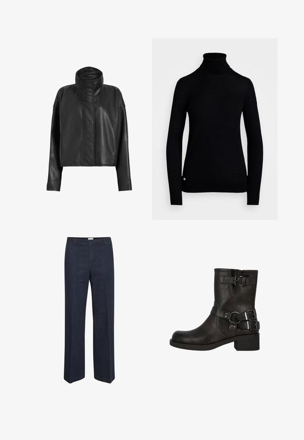 Svart läderkort jacka med hög krage och raka ärmar. Slät textur, dold framdragkedja och minimala sömdetaljer.; Svart polotröja i stickad kvalitet, med långa ärmar och en figurnära passform. Inkluderar en liten logotypdetalj vid fållen.; Mörkblå denimbyxor med rak ben, neutral midja och klassisk design; slät yta med subtila sömnadsdetaljer.; Palado OMYLIA - Cowboy- / Bikerstövletter - braun