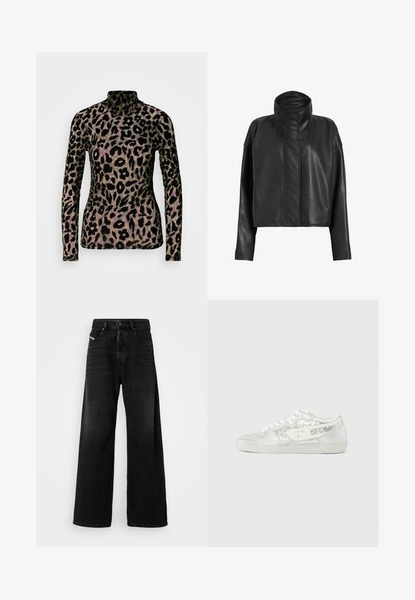 Zwarte leren cropped jas met een hoge kraag en rechte mouwen. Glad textuur, verborgen ritssluiting aan de voorkant en minimale stikseldetails.; Zwart en tan leopardenprint lange mouwen top, gemaakt van een zachte, gemêleerde stof. Kenmerkt zich door een hoge halslijn en een aansluitende silhout.; Wijde zwarte denim jeans met een hoge taille, voorzien van een knoopsluiting, voorzakken en een vervaagde textuur.; Zilveren glittersneakers met witte veters, voorzien van een gladde rubberen zool en een gestructureerd oppervlak. Accenten zijn onder andere een wit logo-detail aan de zijkant.