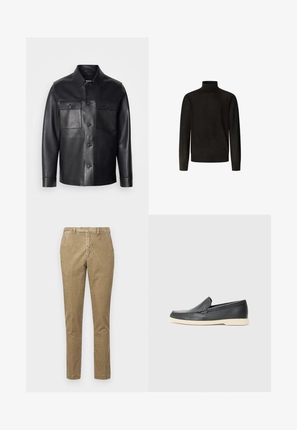 Sort læderjakke med knaplukning foran, to brystlommer og en klassisk krave. Har en glat overflade og en skræddersyet pasform.; Hackett London ROLL NECK - Striktrøje - dark brown; Beige corduroy bukser med lige snit, med knaplukning og forlommer. Glat tekstur med synligt ribbestrik.; Sorte læder slip-on loafers med en struktureret overflade og en kontrasterende beige gummisål. Har en subtil detalje langs forsiden.