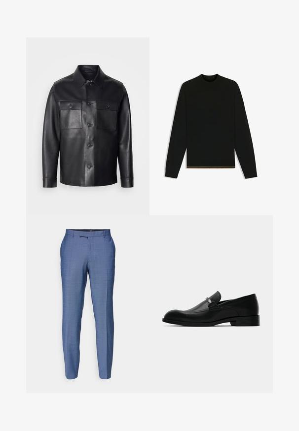 Black leather jacket with a button-up front, two chest pockets, and a classic collar. Features a smooth texture and tailored fit.; Black knit sweater with long sleeves and a high neck. Features a gold accent at the hem. Smooth texture and fitted design.; Light blue tailored trousers with a textured fabric. Features a flat front, narrow legs, and a zip fly with a hook closure.; Black leather men's loafer with a metal buckle detail, low heel, and branded sole, shown from the side on a white background.
