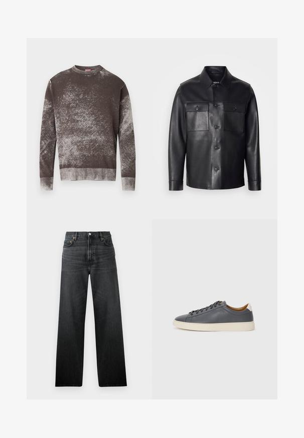 Čierna kožená bunda s gombíkovou prednou časťou, dvoma náprsnými vreckami a klasickým golierom. Vyznačuje sa hladkou textúrou a prispôsobeným strihom.; Hnedo-sivý dlhý rukáv s okrúhlym výstrihom, pletený sveter so žebrovanými manžetami a lemom, s malým vyšívaným logom na hrudi.; Čierne džíny z denimu so strihom rovného nohavicu, s piatimi vreckami a zapínaním na gombík. Tkanina má jemný lesk a viditeľnú štruktúru.; Sivé kožené tenisky s okrúhlou špičkou, gumovou podrážkou, plochými šnúrkami a svetlými akcentmi na päte. Hladká textura a minimalisticý dizajn.