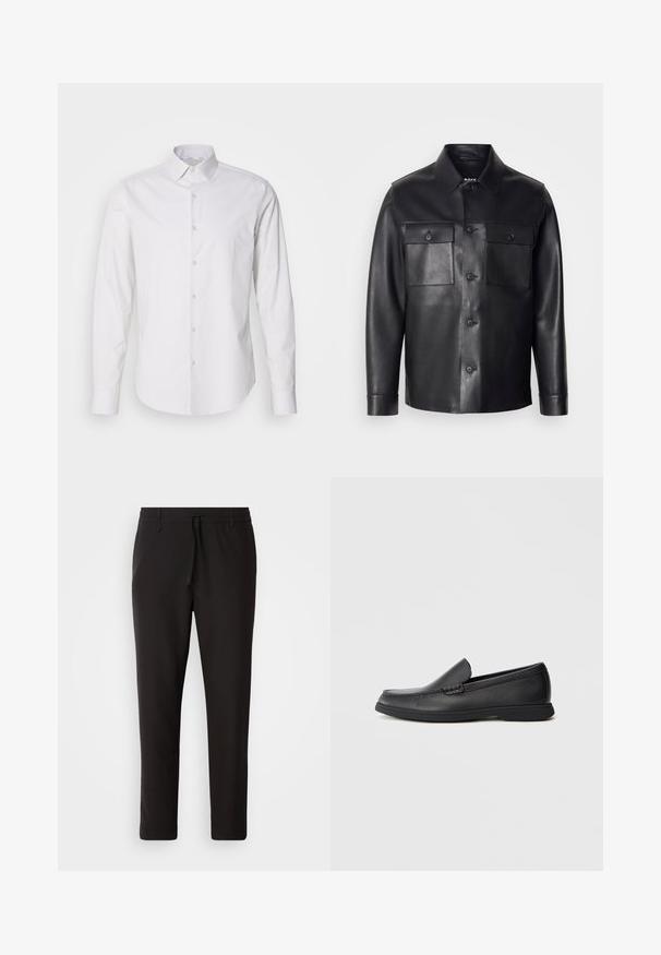 Black leather jacket with a button-up front, two chest pockets, and a classic collar. Features a smooth texture and tailored fit.; White long-sleeve shirt with a pointed collar, button-up front, made from a smooth fabric. Features a subtle striped texture.; Black jogger pants made of smooth fabric. Feature an elastic waistband with a drawstring, tapered legs, and no visible pockets. Simple design.; Black leather slip-on loafer with textured upper, rounded toe, low heel, and rubber sole, shown in side profile on white background.