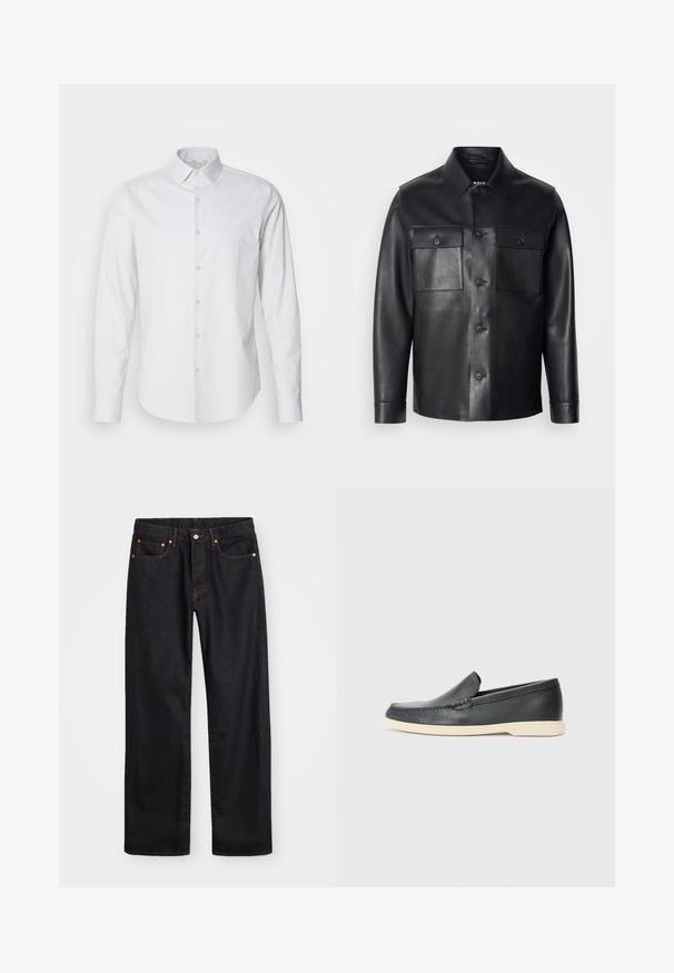 Musta nahkatakki napitettava etuosa, kaksi rintataskua ja klassinen kaulus. Ominaisuuksiin kuuluu sileä pinta ja räätälöity malli.; Valkoinen pitkähiha-alku paita, jossa on terävä kaulus, napitus edessä, valmistettu sileästä kankaasta. Ominaisuuksina hienovarainen raidallinen rakenne.; Miestne čierne rovné džínsy so štyrmi vreckami a oranžovým šitím, zapínanie na gombík a zips na prednom pásku.; Mustat nahkakengät ilman nauhoja, joissa on teksturoitu pinta ja kontrastoiva beige kumipohja. Kengissä on hillitty yksityiskohta etuosassa.