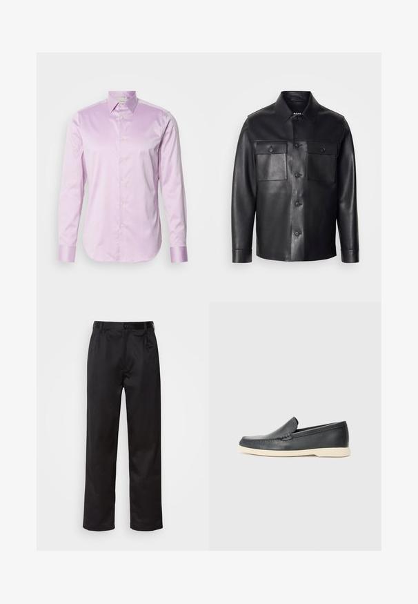 Fekete bőrkabát gombos elülső résszel, két mellzsebbel és klasszikus gallérral. Simaságot és testhezálló szabást kínál.; Világoslila, hosszú ujjú ing, sima anyagból készült, gombos gallérral, teljes hosszúságú elülső gombokkal és kontrasztos fényes mandzsettákkal.; Fekete nadrág sima anyagból, elülső gombos záródással, redőkkel és egyenes szárral. Nincsenek látható minták vagy díszítések.; Fekete bőr, slip-on stílusú loaferek, texturált felülettel és kontrasztos bézs gumitalppal. A frontrészén finom díszítéssel rendelkezik.