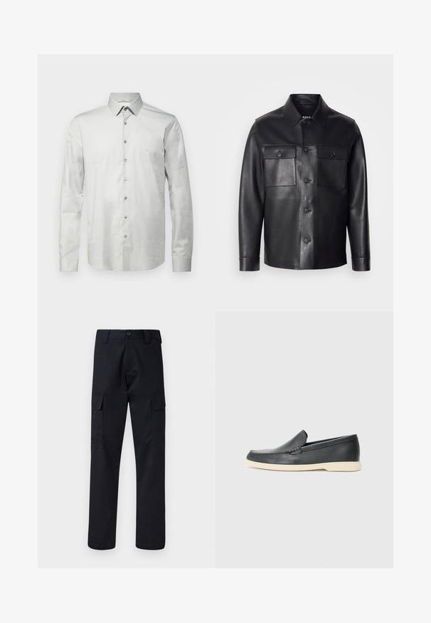 Must musta jakk, millel on nööbiga esikülg, kaks rinnataskut ja klassikaline krae. Omab siledat tekstuuri ja rõivast sujuvalt vormitud.; Hele halli pika varrukaga särk sujuvas kangas, millel on nööbid krae ja ees, samuti peene logo tikand rinnal.; Mustad mustad püksid, mis on valmistatud tugevast materjalist, sirge lõikega, kaht küljetaskut ja nööbiga sulgemist vöökoha juures.; Must musta sussid mustast nahast, millel on tekstuuriga pind ja kontrastne beež kummitald. Ees on peen aktsent.