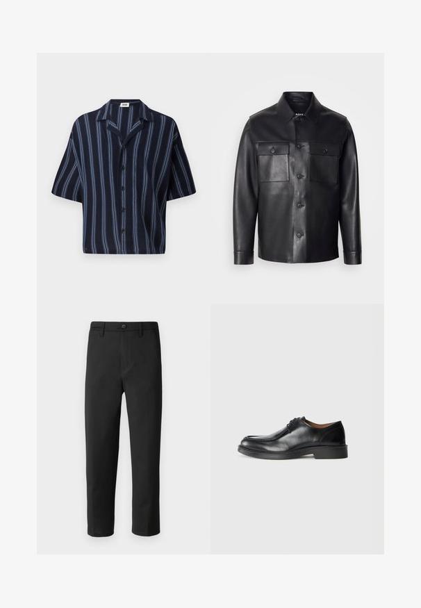 Zwarte leren jas met een knoopsluiting aan de voorkant, twee borstzakken en een klassieke kraag. Heeft een gladde textuur en een getailleerde pasvorm.; Korte mouwen overhemd met knopen, gekenmerkt door een marineblauwe achtergrond met verticale lichtblauwe strepen en een klassiek kraagontwerp.; Zwarte broek met een rechte snit, gemaakt van gladde stof. Voorzien van een knoopsluiting en riemlussen. Geen zichtbare patronen of accenten.; Zwarte leren dresschoenen met een ronde neus, een gladde afwerking, veters en een lage, gestructureerde rubberen zool. Strakke lijnen en een minimalistisch ontwerp.