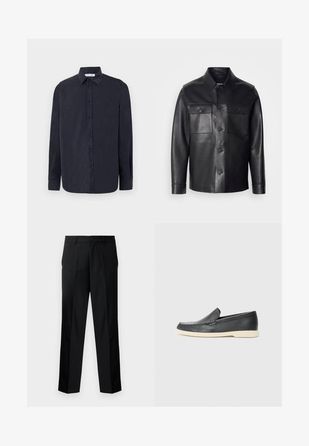 Zwarte leren jas met een knoopsluiting aan de voorkant, twee borstzakken en een klassieke kraag. Heeft een gladde textuur en een getailleerde pasvorm.; Samsøe Samsøe RYAN SHIRT - Overhemd - salute; Zwarte op maat gemaakte broek met een rechte snit, voorzien van een knoopsluiting, ritssluiting en riemlussen. Glad stof met zijzakken.; Zwarte leren instappers met een gestructureerde afwerking en een contrasterende beige rubberen zool. Beschikt over een subtiele accent langs de voorkant.