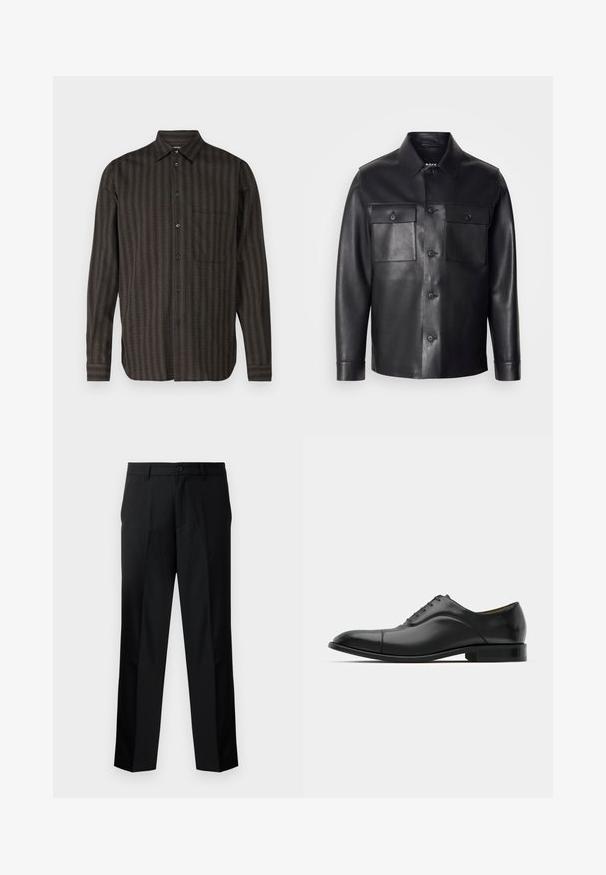 Schwarze Lederjacke mit durchgehender Knopfleiste, zwei Brusttaschen und klassischem Kragen. Verfügt über eine glatte Textur und einen taillierten Schnitt.; Langarmshirt im dunkelgrünen Karomuster, mit durchgehender Knopfleiste, einer Brusttasche, aus strukturiertem Stoff mit dezenten Streifen.; Schwarze, maßgeschneiderte Hosen mit geradem Schnitt, ausgestattet mit einem Knopfverschluss, Reißverschluss und Gürtelschlaufen. Glatter Stoff mit seitlichen Taschen.; Schwarze Leder-Dress-Schuhe mit glatter Textur, runder Zehenform und fünf Ösen. Sie verfügen über einen niedrigen, gestapelten Absatz und dezente Nahtdetails.