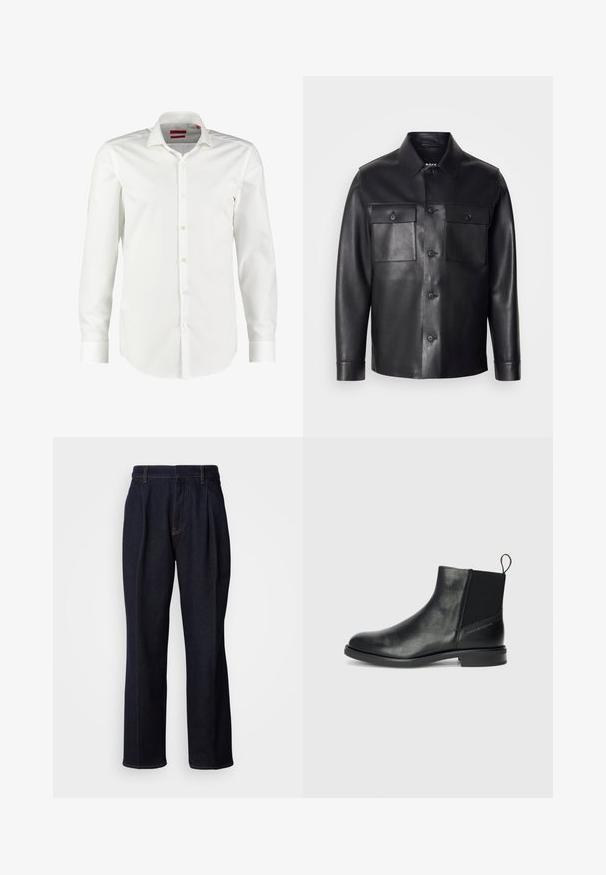 Black leather jacket with a button-up front, two chest pockets, and a classic collar. Features a smooth texture and tailored fit.; White long-sleeve button-up shirt made of smooth cotton fabric. Features a classic collar, clean front placket, and buttoned cuffs.; Dark blue wide-leg denim jeans with front pleats and orange stitching, shown on white background.; Black leather ankle boots with elastic side panels, rounded toe, low block heel, and a pull tab at the back for easy wear.