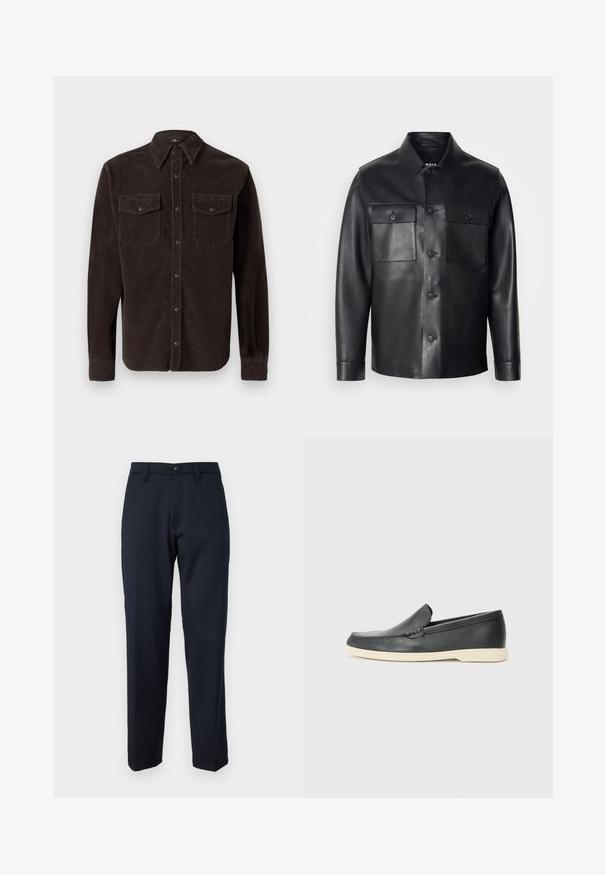 Chaqueta de cuero negra con cierre de botones en el frente, dos bolsillos en el pecho y un cuello clásico. Presenta una textura suave y un ajuste entallado.; Camisa de pana marrón con cuello clásico, mangas largas, dos bolsillos en el pecho con cierre de botón y tela texturizada.; Pantalones azul marino de tejido suave, con botón delantero, diseño de pierna recta y bolsillos laterales. Sin patrones ni adornos visibles.; Mocasines de piel negra sin cordones con un acabado texturizado y una suela de goma beige en contraste. Presentan un sutil acento en la parte frontal.