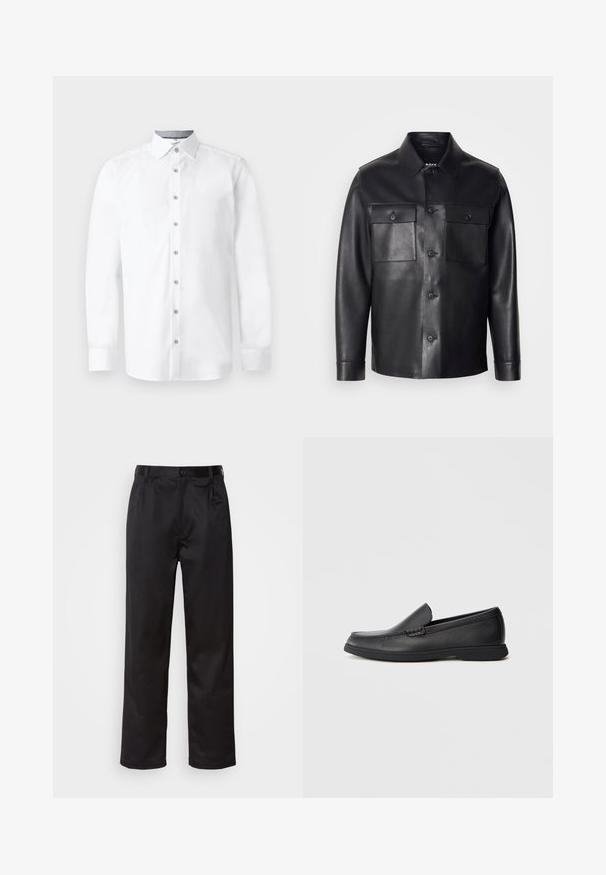 Zwarte leren jas met een knoopsluiting aan de voorkant, twee borstzakken en een klassieke kraag. Heeft een gladde textuur en een getailleerde pasvorm.; Witte dress shirt met lange mouwen, knoopsluiting aan de voorkant, spitse kraag en een gladde textuur. Heeft zes knopen en manchetten.; Zwarte broek van een gladde stof, met een sluiting met een knoop aan de voorkant, plooien en rechte pijpen. Geen zichtbare patronen of accenten.; Zwarte leren instaploafer met een textuur bovenwerk, ronde neus, lage hak en rubberen zool, weergegeven in zijprofiel op een witte achtergrond.