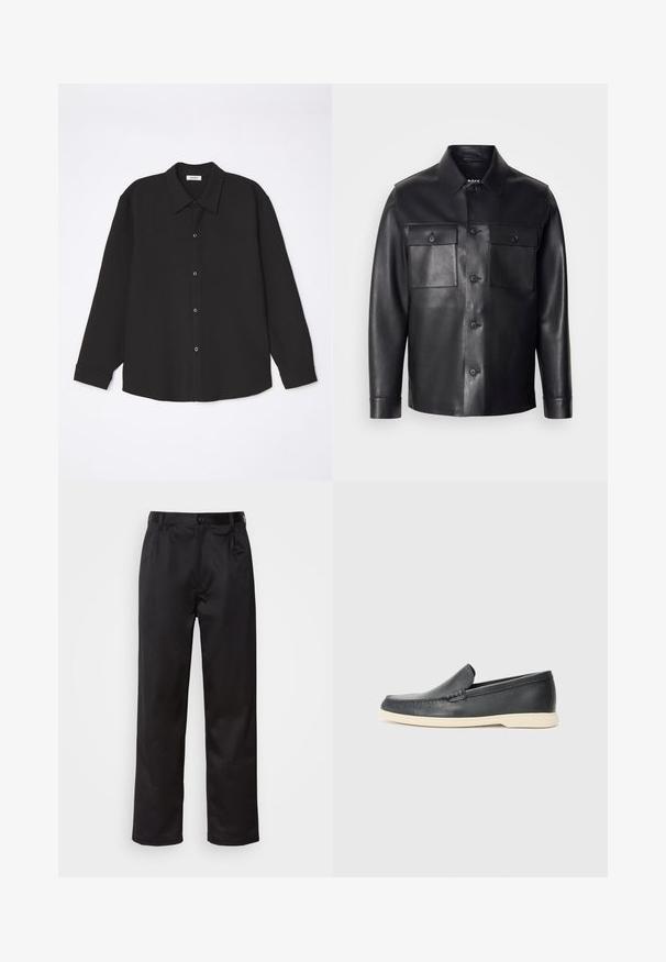 Melna ādas jaka ar pogu priekšpusi, divām krūšu kabatām un klasisku apkakli. Iespējo gludu tekstūru un pieguļošu piegriezumu.; sandro JOKER - Krekls - noir; Melnas bikses, kas izgatavotas no gludas auduma, ar priekšējo pogu aizdari, krokām un taisnām kājām. Nav redzamu rakstu vai akcentu.; Melni ādas kurpes, kas valkājas uz slip-on principa, ar teksturētu apdari un kontrastējošu beigu gumijas zoli. Iespējama smalka apdare priekšpusē.