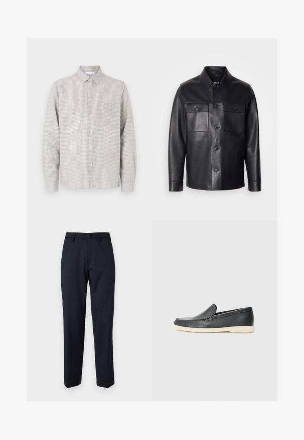 Chaqueta de cuero negra con cierre de botones en el frente, dos bolsillos en el pecho y un cuello clásico. Presenta una textura suave y un ajuste entallado.; Camisa de botones de manga larga en gris claro con un patrón a cuadros, que cuenta con un único bolsillo en el pecho y un collar estándar. Fabricada en tejido de sarga.; Pantalones azul marino de tejido suave, con botón delantero, diseño de pierna recta y bolsillos laterales. Sin patrones ni adornos visibles.; Mocasines de piel negra sin cordones con un acabado texturizado y una suela de goma beige en contraste. Presentan un sutil acento en la parte frontal.