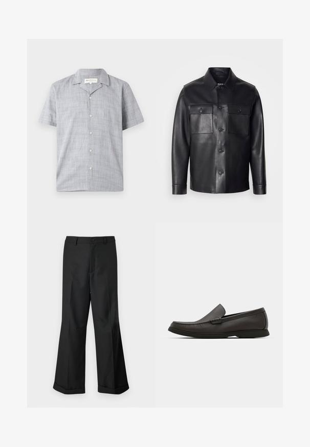 Melna ādas jaka ar pogu priekšpusi, divām krūšu kabatām un klasisku apkakli. Iespējo gludu tekstūru un pieguļošu piegriezumu.; Gaiši pelēks īsai piedurknei krekls, izgatavots no strukturētas auduma. Tam ir apkakle, seši pogas un brīva piegriezuma.; Melni plaši bikses ar pogājam jostu un apakšdaļu ar aprocēm, izliktas uz vienkārša balta fona.; Tumši brūni ādas mokasīni ar noapaļotu purngalu, smalkiem šuvēm un zemu gumijas zoli. Gluda tekstūra ar elastīgu piegulšanu.