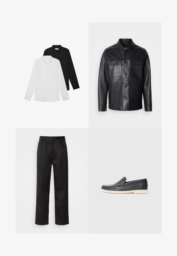 Črna usnjena jakna z zapenjanjem na gumb, dvema žepoma na prsih in klasičnim ovratnikom. Ponuja gladko teksturo in prilagojen kroj.; Bela in črna dolga majica z dolgimi rokavi, s koničastimi ovratniki, sprednjimi gumbi in gladko teksturo tkanine. Oznake vidne na notranji strani vratu.; Črne hlače iz gladkega materiala, ki imajo sprednjo zaponko, naborke in ravne noge. Brez vidnih vzorcev ali okraskov.; Črne usnjene natikače z teksturiranim zaključkom in kontrastno bež gumo na podplatu. Imajo subtilen naglas vzdolž sprednje strani.