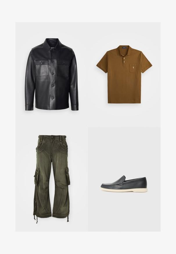 Fekete bőrkabát gombos elülső résszel, két mellzsebbel és klasszikus gallérral. Simaságot és testhezálló szabást kínál.; Barna pólóing pamutból, gallérral, két gombos középpel és bal oldali mellzsebbel, amelyen hímzett logó található. Rövid ujjú.; Olíva zöld, ellazult fazonú, pamut vászon nadrág, oldalsó zsebekkel, cipzárokkal a bokáknál és zsinórral az alján.; Fekete bőr, slip-on stílusú loaferek, texturált felülettel és kontrasztos bézs gumitalppal. A frontrészén finom díszítéssel rendelkezik.