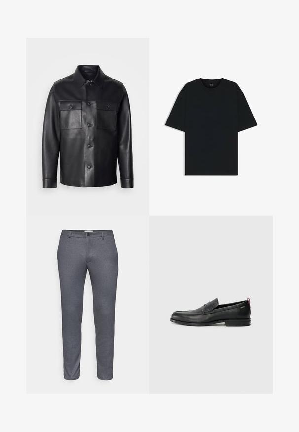 Schwarze Lederjacke mit durchgehender Knopfleiste, zwei Brusttaschen und klassischem Kragen. Verfügt über eine glatte Textur und einen taillierten Schnitt.; Schwarzes Baumwoll-T-Shirt mit rundem Halsausschnitt und kurzen Ärmeln. Verfügt über einen lockeren Schnitt und ein schlichtes Design ohne Muster oder Akzente.; DRYKORN AJEND - Anzughose - grey; Schwarze Lederloafers mit einem strukturierten Vorderteil und glatten Seiten. Sie verfügen über einen schmalen Absatz und eine Schlaufe an der Rückseite für einfaches Anziehen. Klassisches Design.