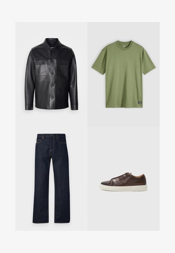 Crna kožna jakna s dugmadi sprijeda, dva džepa na prsima i klasičnom kragnom. Ima glatku teksturu i kroj prilagođen tijelu.; Oliva zeleni pamučni majica s okruglim izrezom i kratkim rukavima. Ima mali, suptilan logotip na prsima i etiketu brenda ušivenu na rubu.; Tamno plave traperice ravnog kroja, s kontrastnim žutim šavovima, klasičnim dizajnom s pet džepova i kopčanjem na gumu u struku.; Smeđe kožne tenisice s okruglim vrhom, kontrastnom bijelom gumenom potplatom, prošivenim detaljima i bez vidljivih vezica. Sveukupno glatka tekstura.