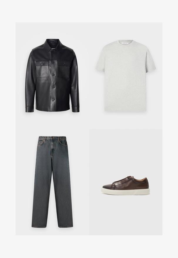Crna kožna jakna s dugmadi sprijeda, dva džepa na prsima i klasičnom kragnom. Ima glatku teksturu i kroj prilagođen tijelu.; Svijetlo siva majica s kratkim rukavima izrađena od mekog materijala, s okruglim izrezom i opuštenim krojem bez vidljivih uzoraka ili aksesoara.; Tamno sivi traperice s ravnim nogavicama, pet džepova i zatvaranjem na dugme i patentni zatvarač. Tkanina ima suptilan izblijedjeli izgled i šavove.; Smeđe kožne tenisice s okruglim vrhom, kontrastnom bijelom gumenom potplatom, prošivenim detaljima i bez vidljivih vezica. Sveukupno glatka tekstura.